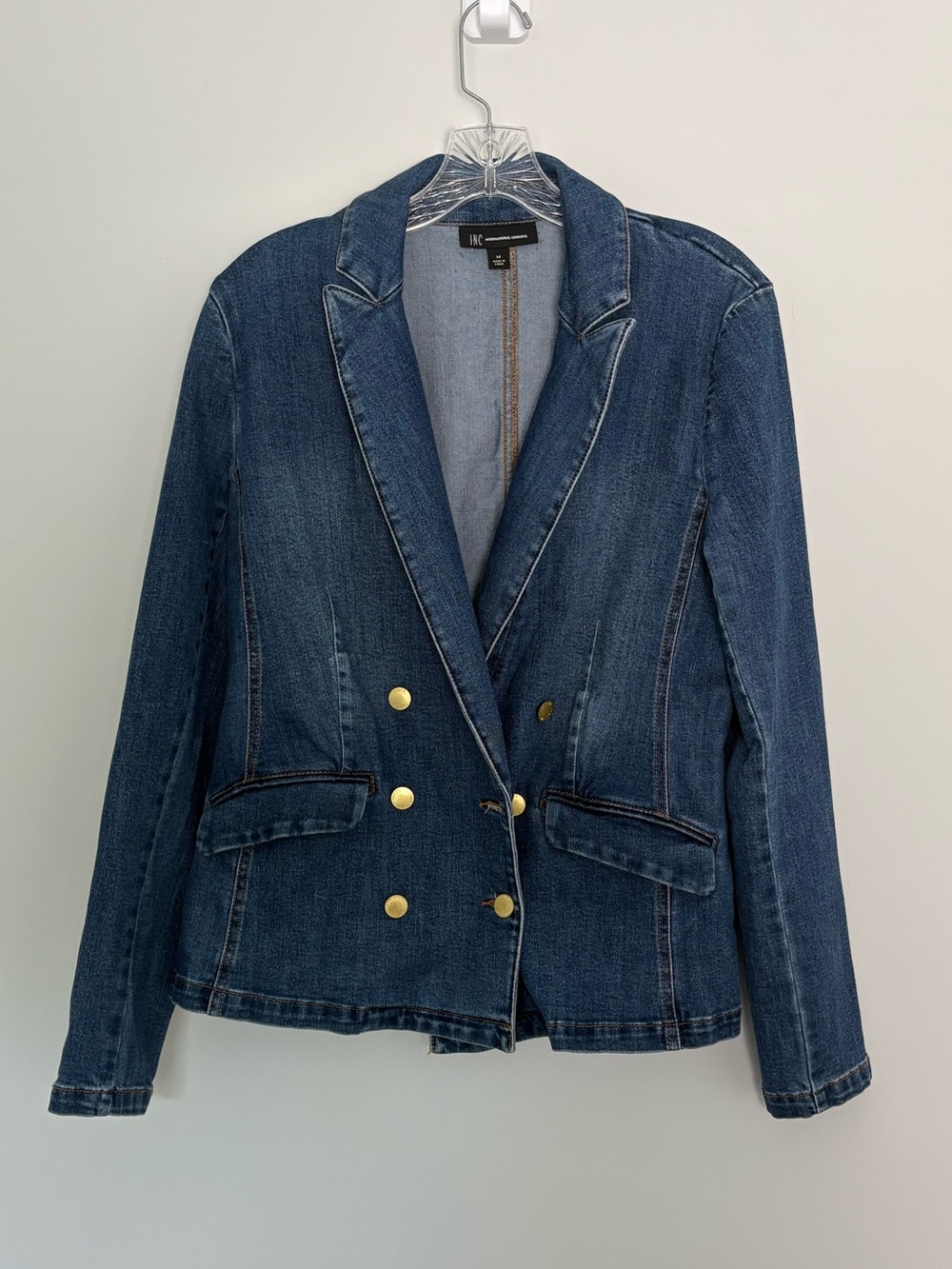 INC Dark Blue Tailored Denim Jean Double-Breasted Blazer Jacket Size Medium